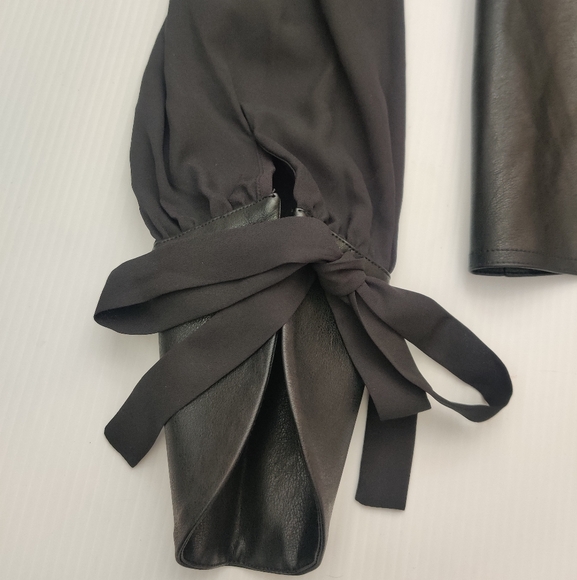 Gracia Black Peplum Chiffon Gathered Blouse With Faux Leather Accents. - Picture 5 of 9